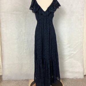 La Ligne Dark Navy Blue Lace V-Neck D’ete Midi Dress